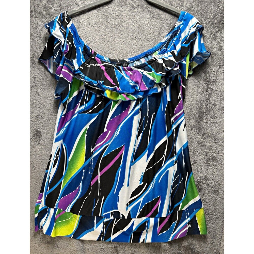 Xhilaration Women’s L Abstract Multicolor Knit Ruffle Flutter Sleeve Blouse